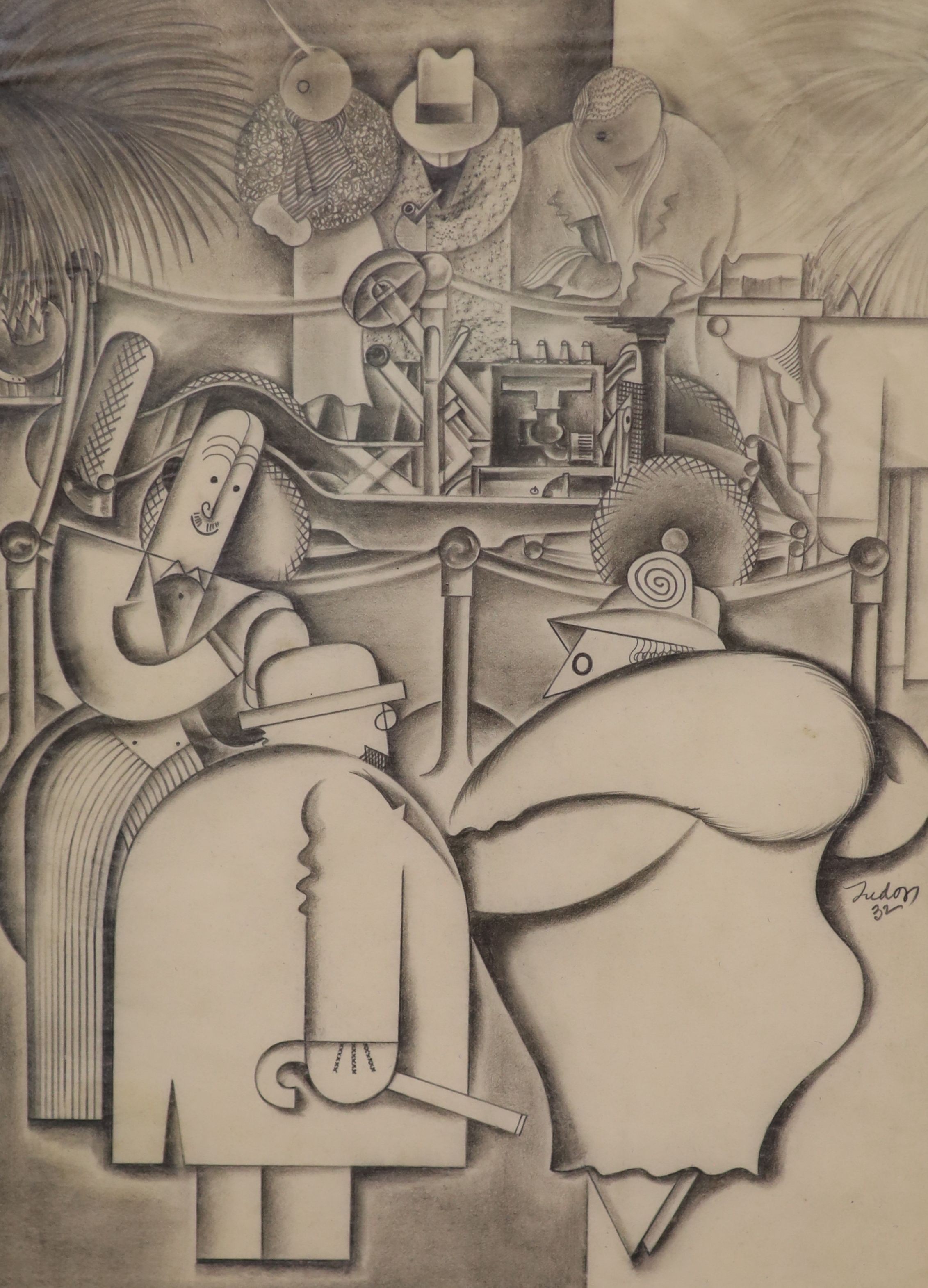 Charles Tudor (American, 1903-1970), Figures around a bar, pencil on paper, 32 x 23.5cm